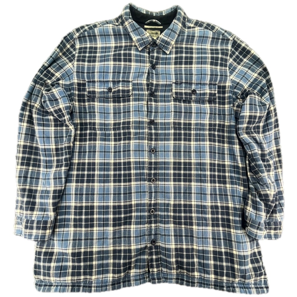LL Bean Mens XXL Tall‎ Flannel Lined Shirt Jacket Blue Plaid Traditional Fit
